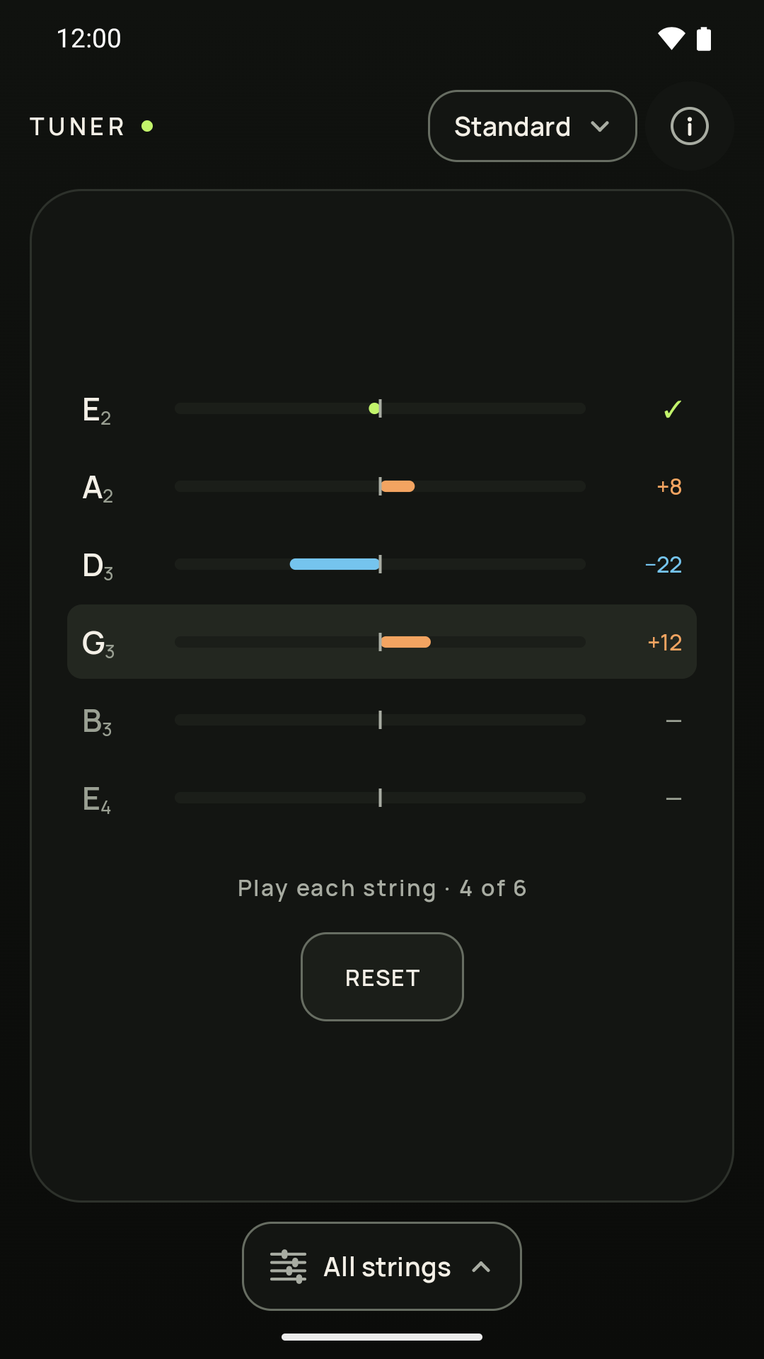 All-strings display showing tuning progress